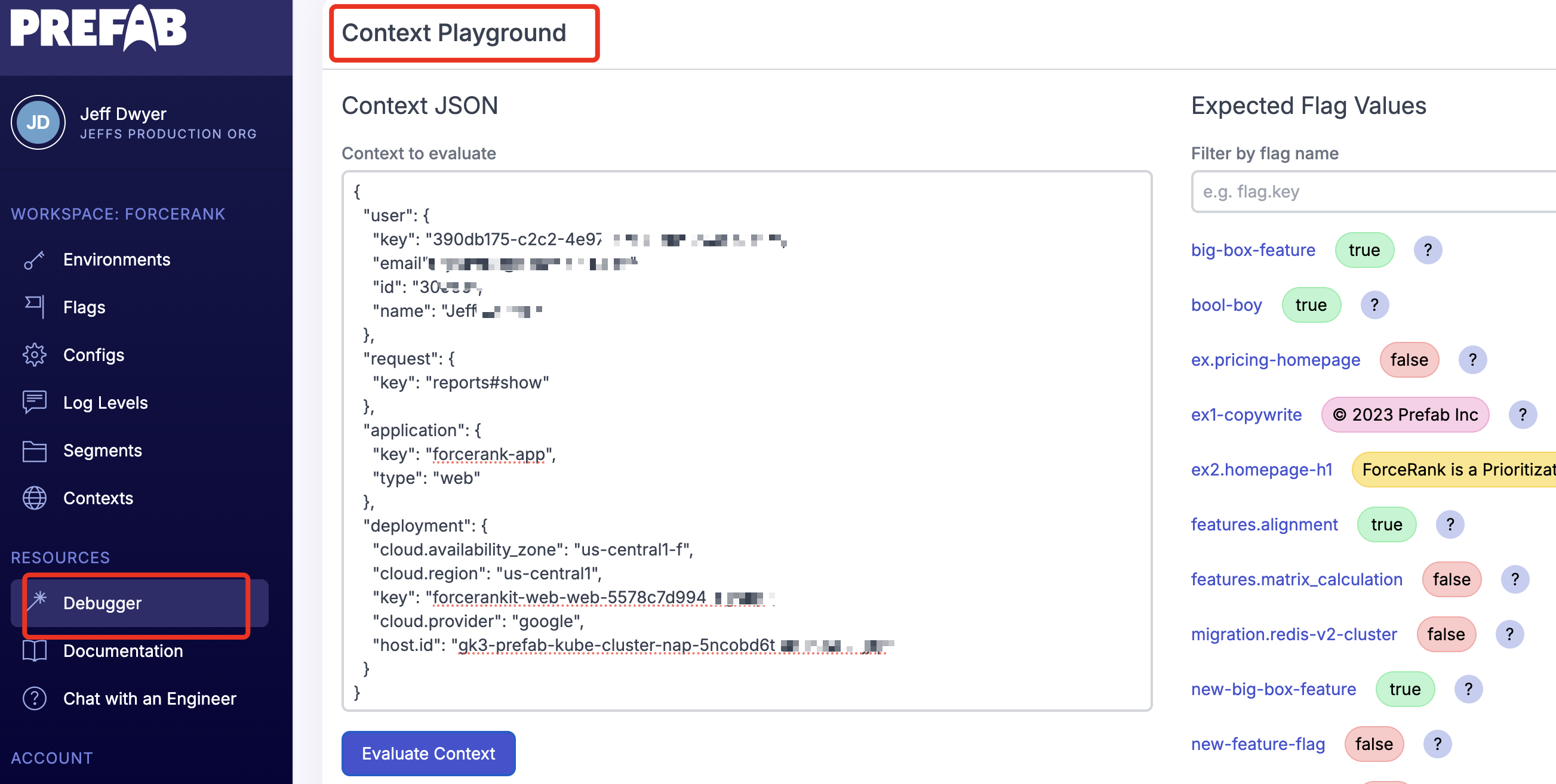 the context playgound feature flag debugger